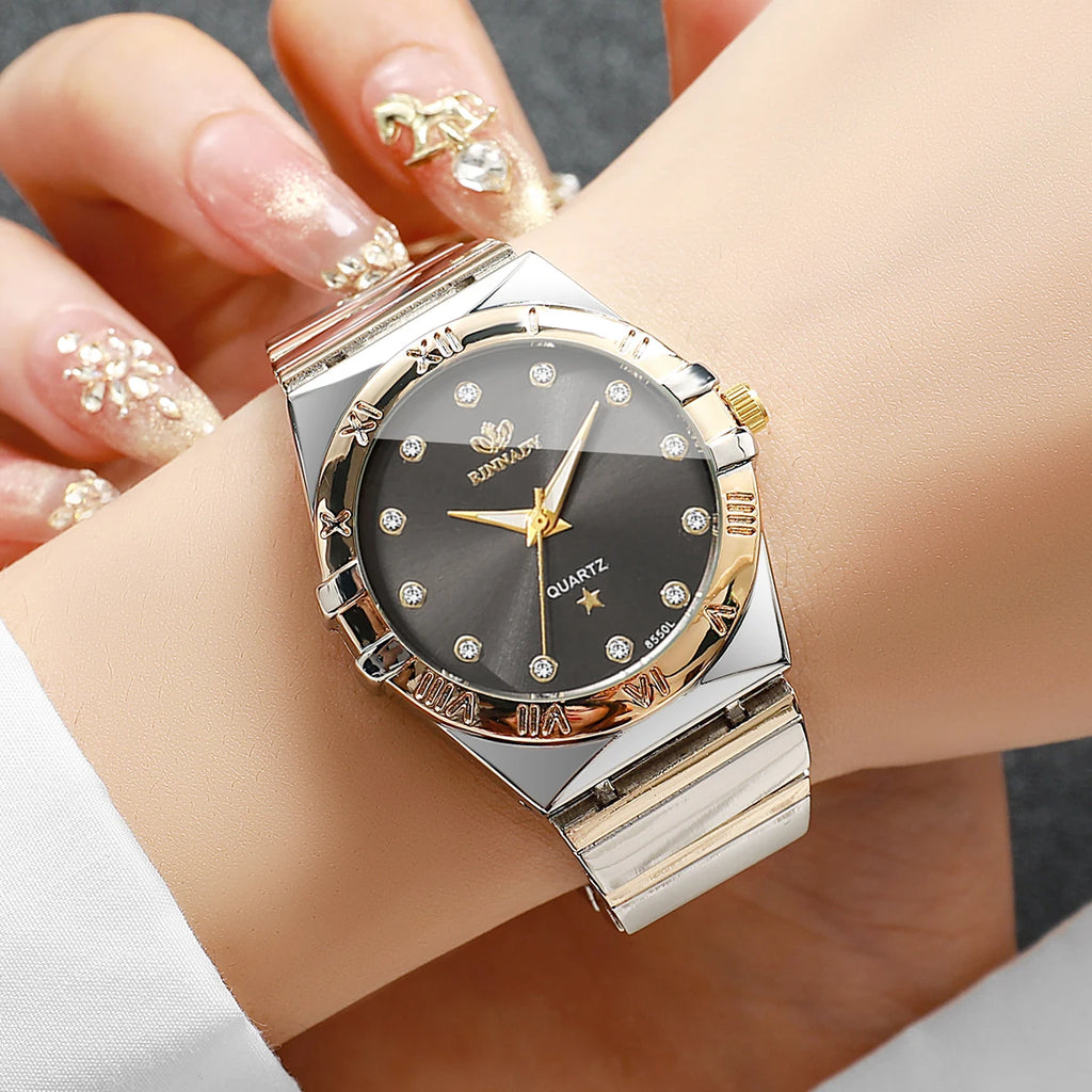 Two Tone Gold Silver Ladies Watch Rhinestone Dial Roman Trim Bezel Stainless Steel Band Elegant Women Quartz Dress Wristwatch Qme