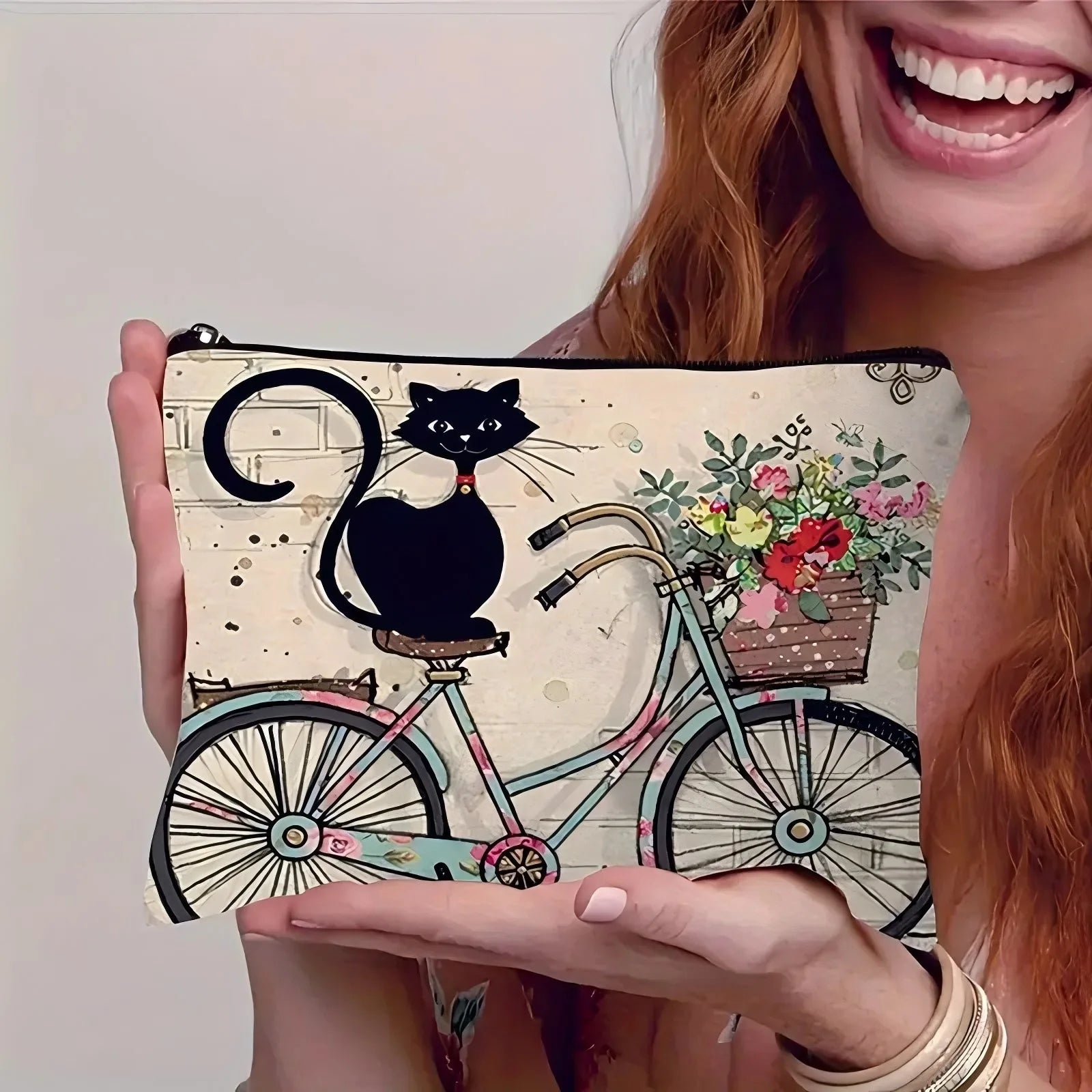 Stylish Black Cat Pattern Cosmetic Bag Water-resistant Polyester Zip Qme D M