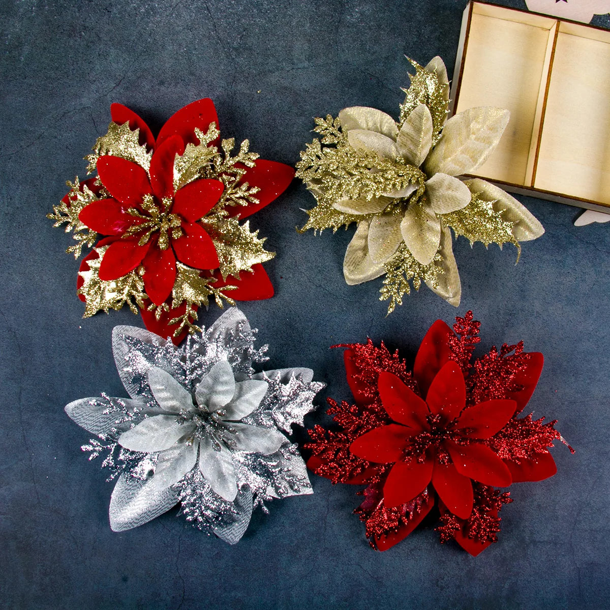5-20pcs Sparkling Red Golden Silver Poinsettia Artificial Flowers Christmas Tree Ornaments for Xmas New Year party Decoration Qme