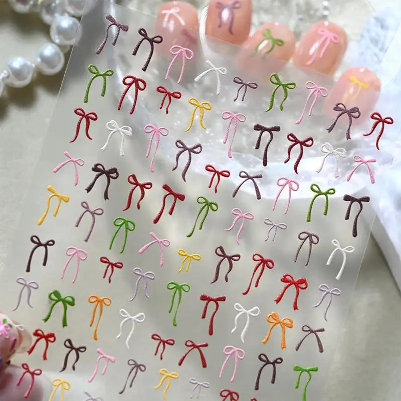 Colorful Bow Ribbon Bowknot Nail Sticker 3D Mini Appliques Adhesive Qme