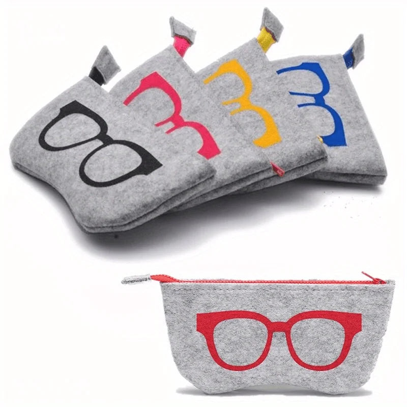 2PCS Soft Felt Eyeglasses Pouch with Zipper, Portable Sunglasses Storage Bag, Cute Glasses Print Protective Case for Men Women Qme