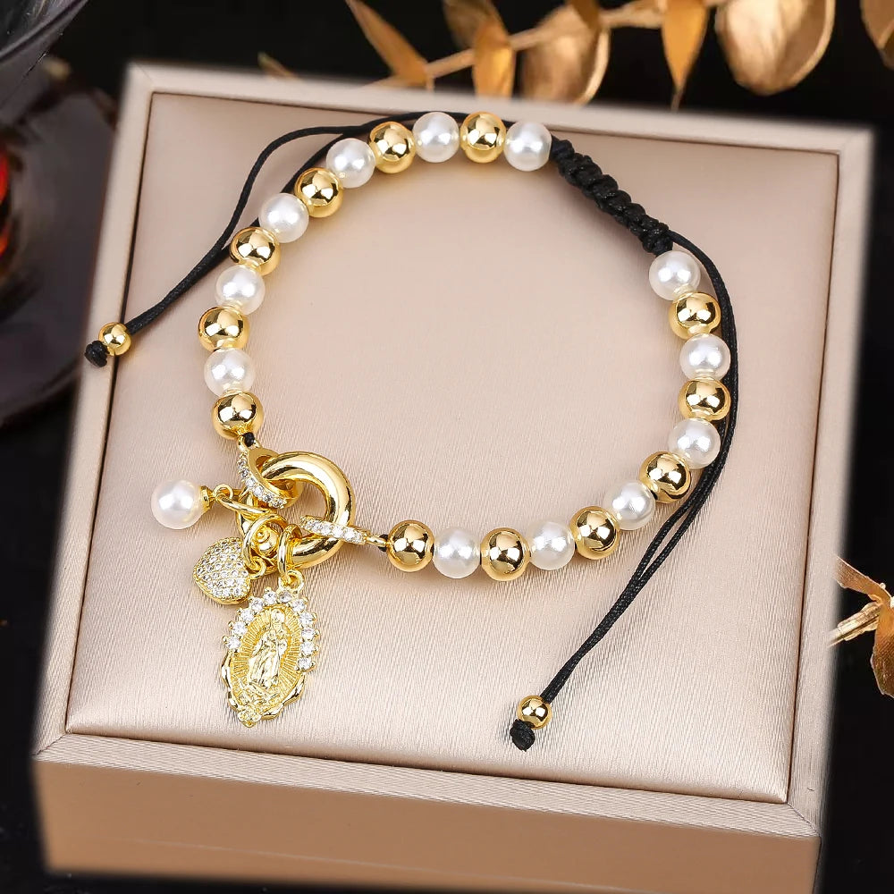 New Design Pearl Copper Braided Virgin Mary Zirconia Black Rope Bracelet Fashion For Woman Daily Party Jewelry Religious Gift Qme J