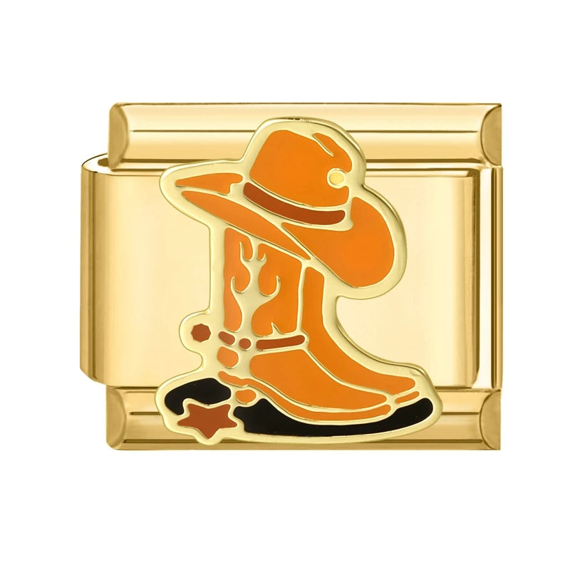2026 New Golden Cowboy Horse Cowgirls Boots Hat Guitar Star Car Italian Charm Fit 9mm Stainless Steel Bracelet Jewelry DIY Gifts Qme Style 1