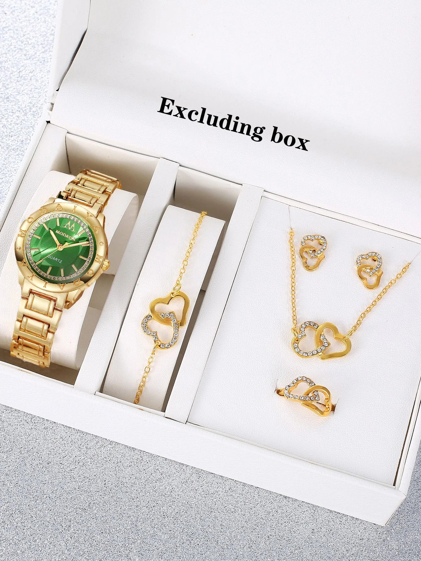 1pcs quartz watch minimalist watch women's watch gold and+5pcs versatile double heart set Qme Golden Green Set