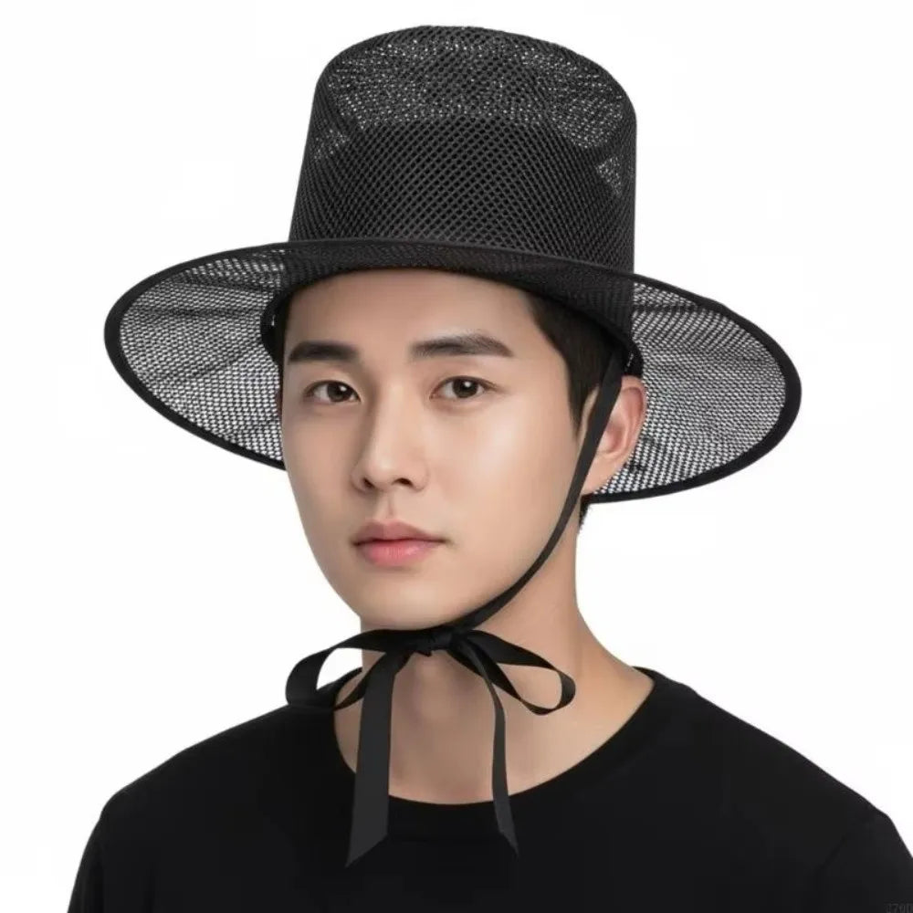 Lightweight Traditional Korean Gat Hat Black Mesh Wide Brim Flat Topper Hat Square Top UV Protection Joseon Dynasty Hat Qme