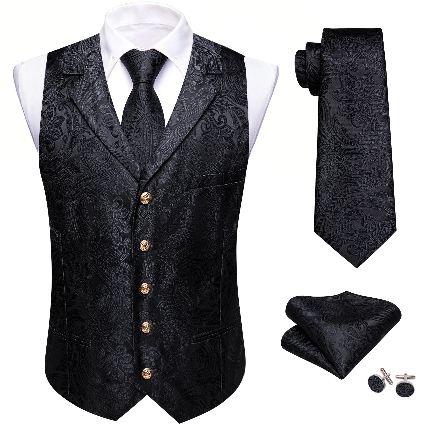Men's Jacquard Waistcoat Half Notch Lapel Vest Necktie Pocket Square Cufflinks Set Formal Wedding Party Prom Business Suit Vests Qme BW-MJTZ2018 S