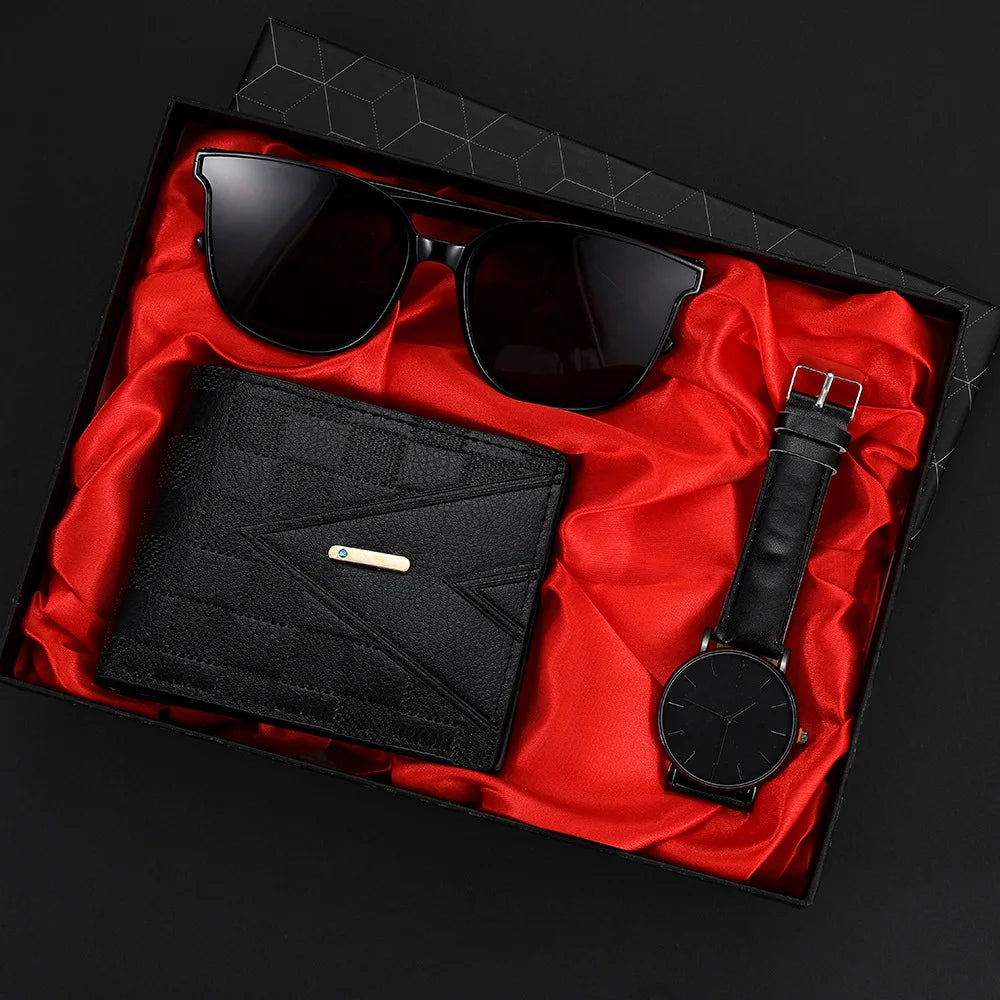 Relógio de movimento de quartzo versátil masculino, óculos de sol bonito, carteira casual, presente perfeito para festa 3 peças Qme Ivory