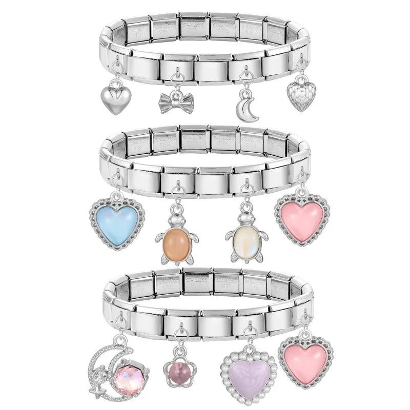 New Original Colored Crystal Turtle Moon Heart Italian Charm Stainless Steel Link Fit 9mm Modular Bracelet DIY Jewelry Wholesale Qme