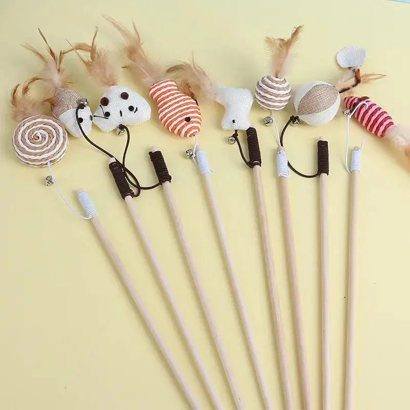Cat Toy Cat Teaser Stick Handmade Cotton And Linen Woven Wooden Pole Cat Teaser Stick Cute Simulation Mouse Cat Interactive Toy Qme