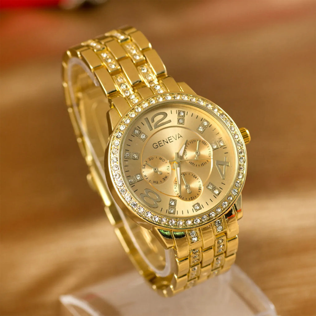 Female Fashionable Exquisite And Versatile Simple Business Alloy Stainless Steel Band With Diamond Quartz Round Wrist Watch Qme Gold No
