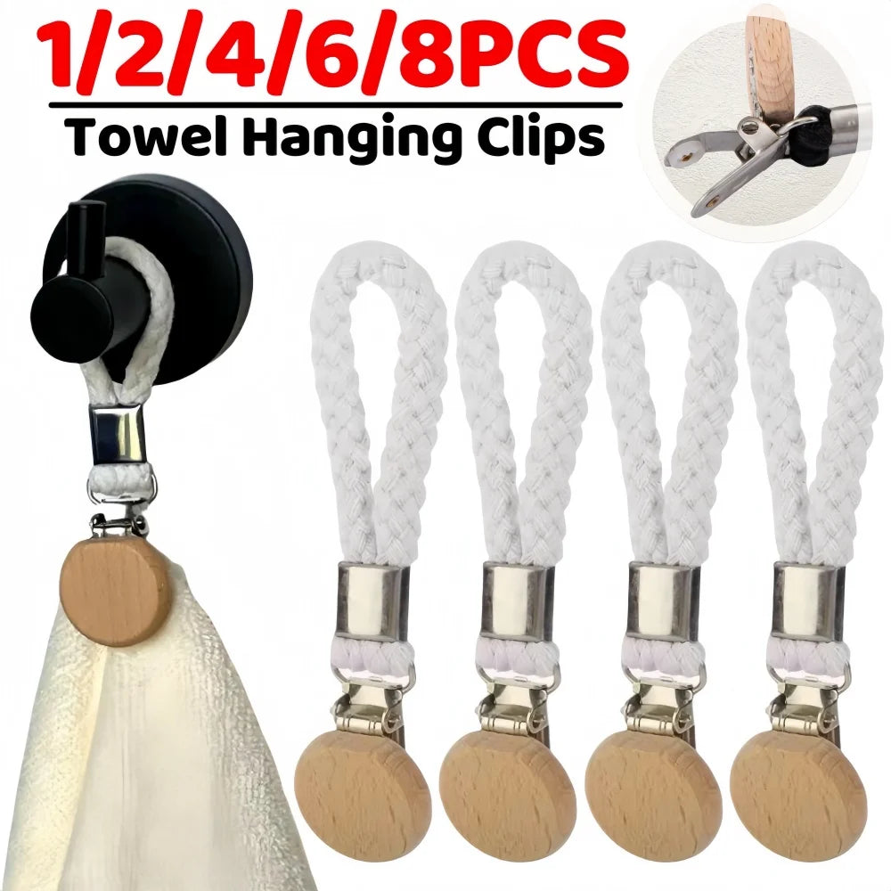 1-8PCS Towel Hanging Clips woven Cotton rope Bathroom wood round head Metal Hanging Clips For Home Towel Clothes Storage Hook Qme