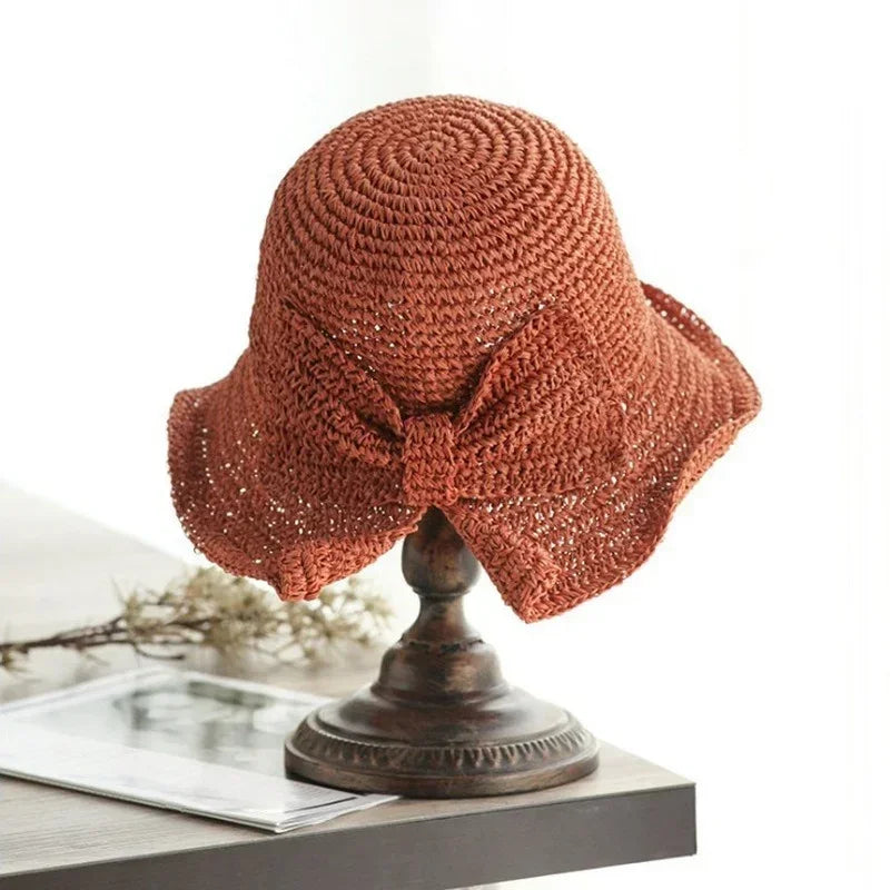 Summer Wide Brim Straw Hat Foldable Fisherman Sun Protection Girls Qme Orange