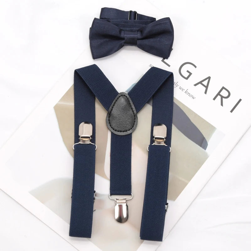 Kids Suspenders for Pants Bowtie Set Matching Tuxedo Suit Boy Girl Childs Black Adjustable Y-Back Brace Belt Wedding Accessories Qme
