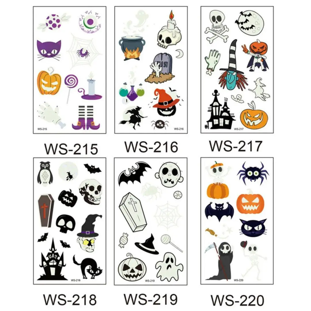 A Halloween Kids Toy Gift 6/8 Sheets Glowing Pumpkin Knife Fake Tattoos, Waterproof Body Stickers for Arm Hand Cosplay Decor Qme 6pcs WS-215WS220