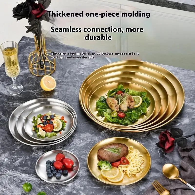 Round Plate Shallow Tray Thickened Stainless Steel Disc Golden Cafe Qme
