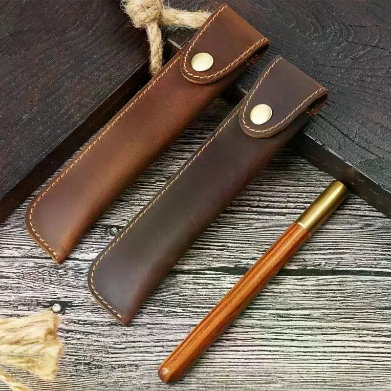 PU Leather Pen Holder Brass Snap Closure Fine Stitching Slim Pencil Qme
