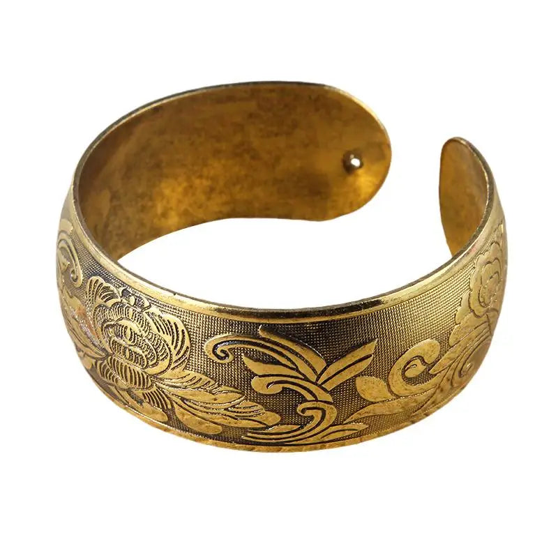 Vintage Gold-Tone Elephant Engraved Wide Cuff Bracelet Adjustable Boho Bangle For Women & Men Qme