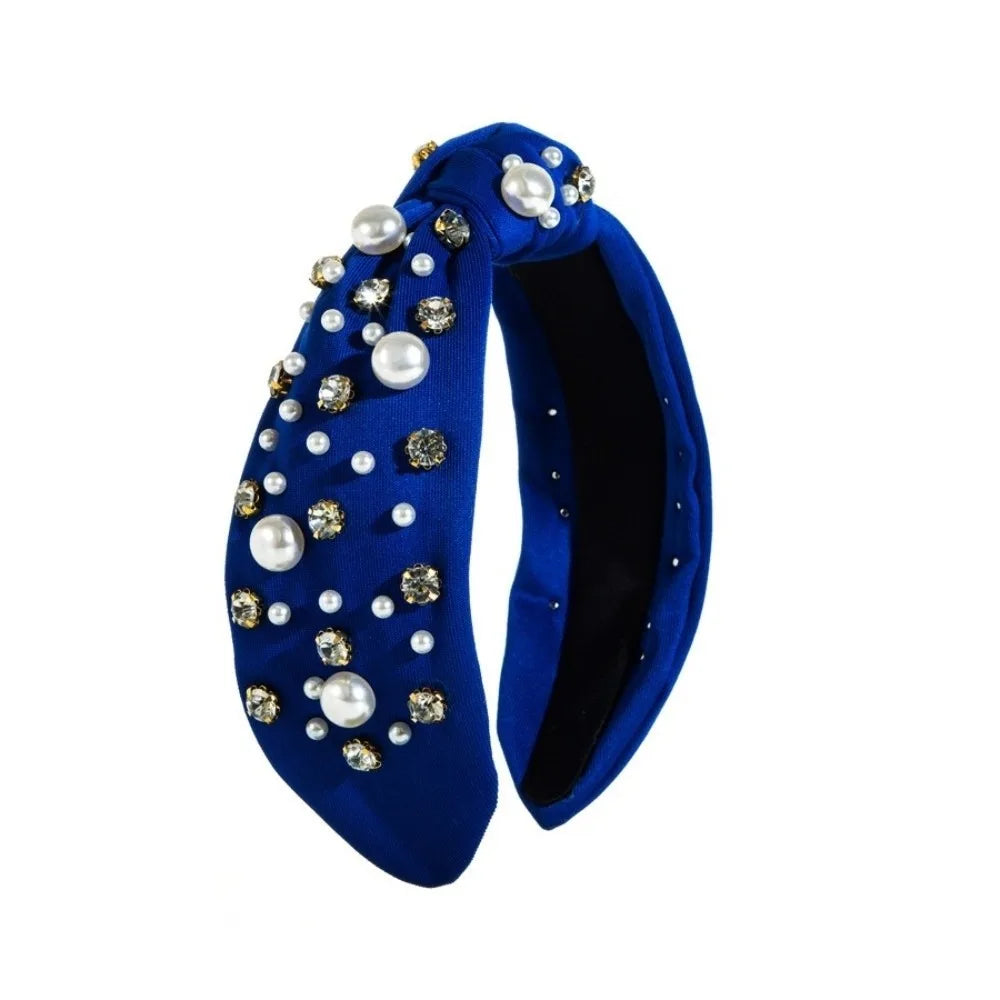 Solid Color Rhinestone Pearl Hairband Wide Edge Nail Pearl Head Hoop Hair Ornament Knot Style Baroque Headband Hair Accessories Qme Blue