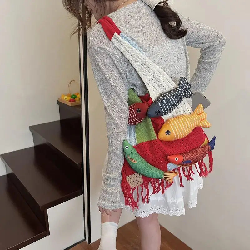 Creative Tassel Knitted Splicing Shoulder Bag Cute Little Fish Tote Qme