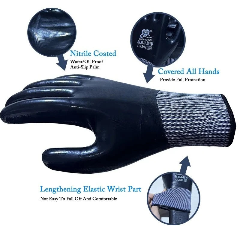 5PCS Oil Resistant Wear Resistant Full Rubber Flexible Nitrile Comfortable Mechanical Waterproof Work Gloves for Maintenance Qme