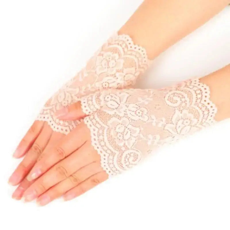 Summer Outdoor Women Half Fingers Mesh Lace Gloves Female Elegant Qme Apricot