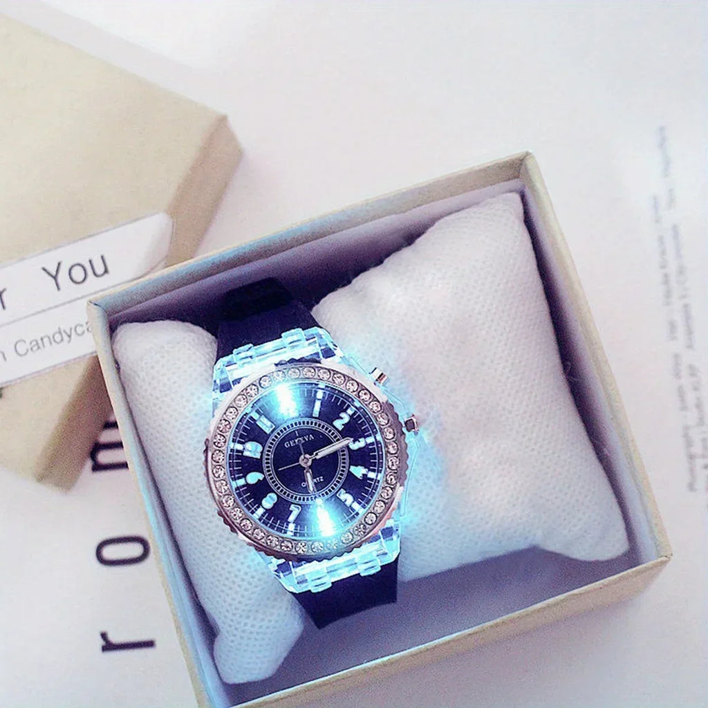 Luminous Round Digital Watches Solid Color Inlaid Rhinestone Sports Watch Couple Waterproof Wrist Watch Qme