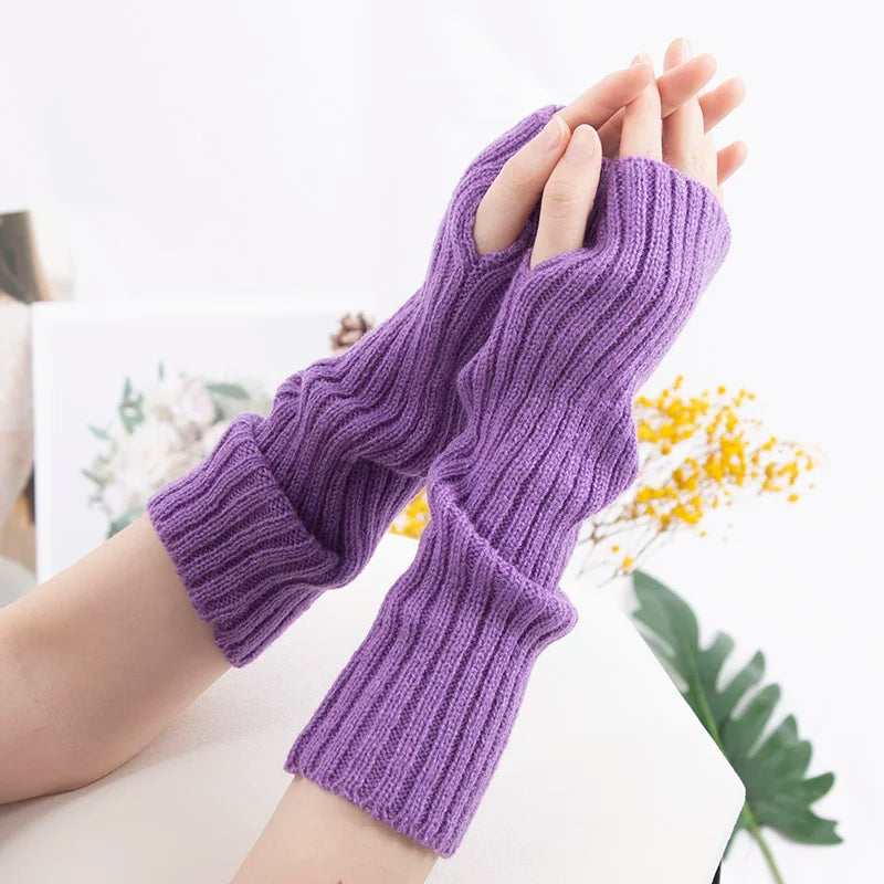 Long Fingerless Gloves Women Mitten Winter Arm Warmer Kawaii Knitted Qme Light purple one size