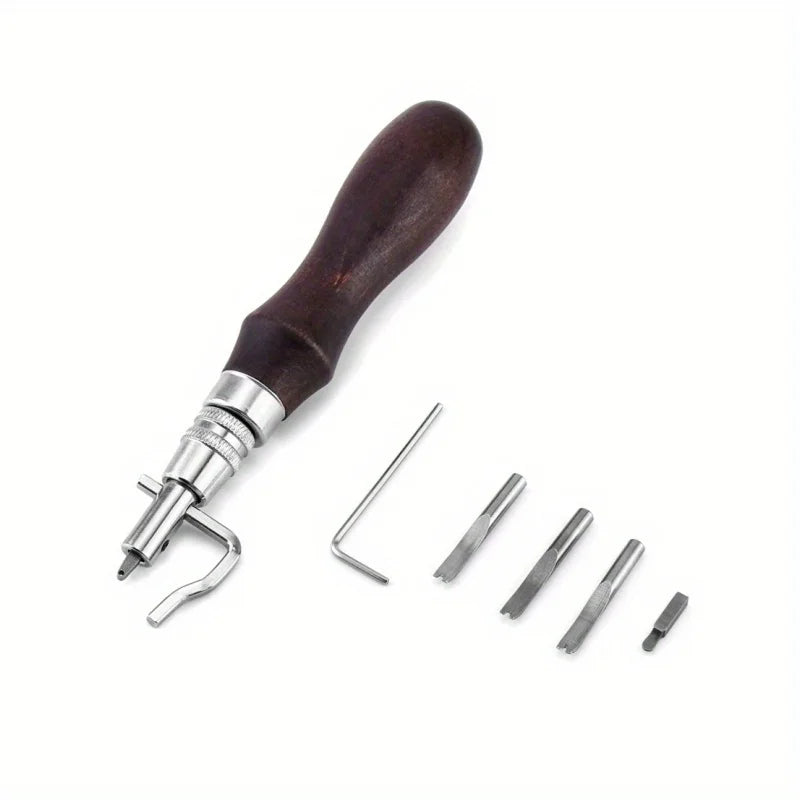 Leathercraft Tools Kit with Adjustable Pro Stitching Groover and Beveler Edge Creaser, Wood Handle Leather Sewing DIY Hand Tools Qme