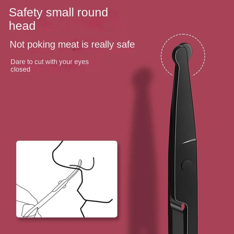 Silver Mirror Light Black Round Head Safety Nose Hair Scissors Qme