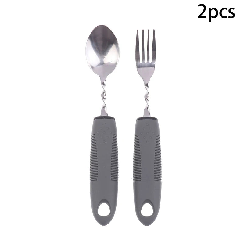 2 Stainless Steel Bendable Adaptive Cutlery Textured Handle Utensils Qme 2PCS Gray