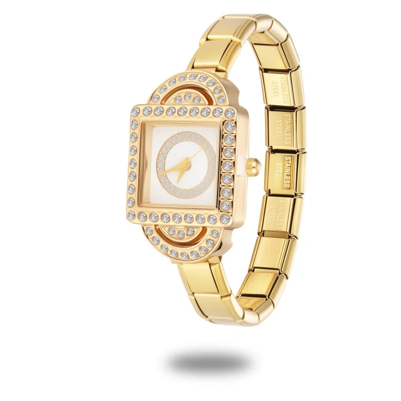 Fashion Women's Men's DIY 9mm Width Italian Elastic Charm Stainless Square Shiny Zircon Watch Bracelet Bangle For Birthday Gifts Qme Style 20