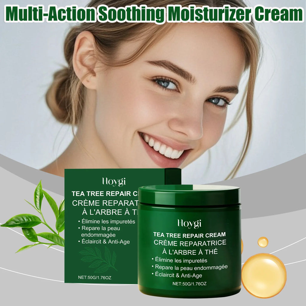 Multi-Action Soothing Repair Cream for Face Tea Tree Cream Centella Ceramide Aloe Vera Moisturizer for Sensitive & Oily Skin Qme
