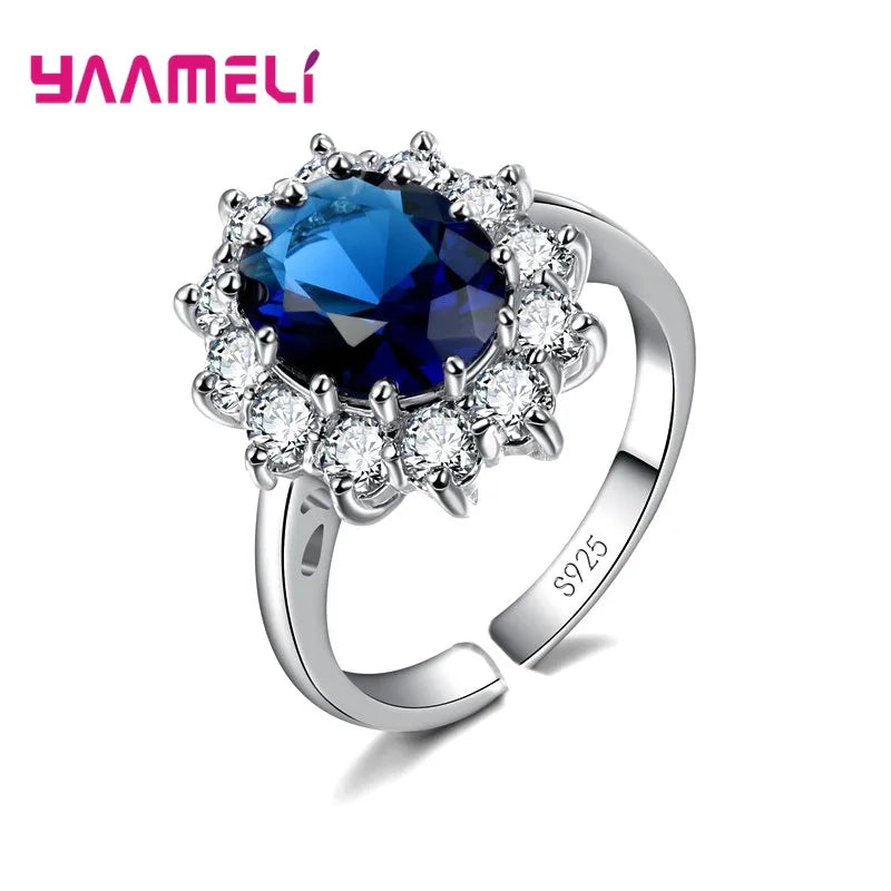 100% Authentic 925 Sterling Silver Color Women Wedding Engagement Jewelry Ring Classic Oval Flower Shiny Cubic Zircon Crystal Qme Dark Blue