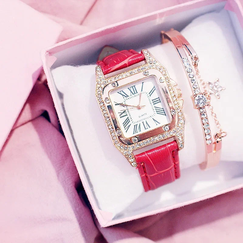 Women Diamond Watch Starry Square Dial Bracelet Watches Set Ladies Leather Band Quartz Wristwatch Female Clock Zegarek Damski Qme