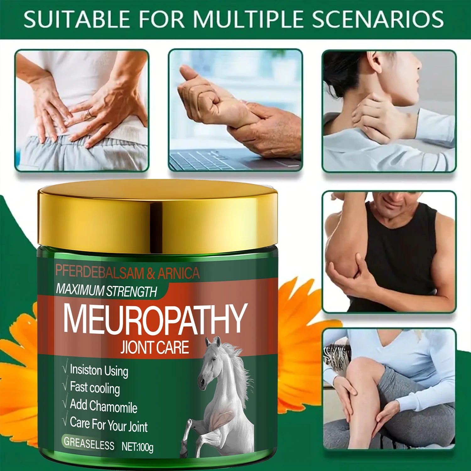 Pferdebalsam & Arnica Neuropathy Joint Care - Maximum Strength, Fast Cooling & Greaseless Formula. Qme