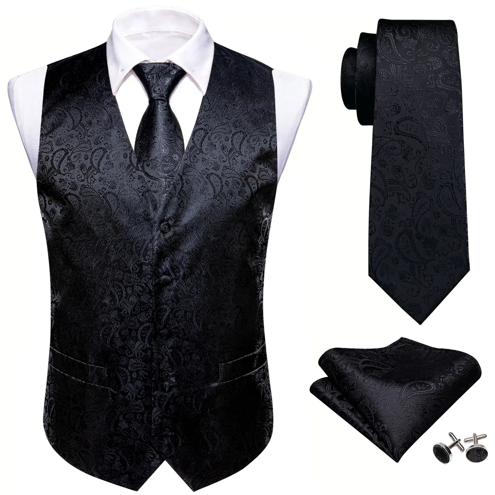 Men's Formal Black Purple Vest Tie Hanky Cufflinks Ideal Dress Qme