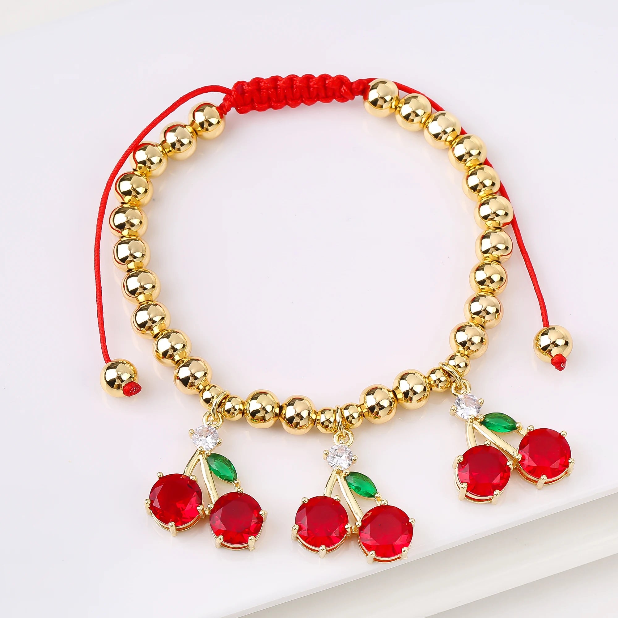 Gold-Plated Copper Bead Chain Braid Crystal Red Cherry Bracelet for Woman Female Daily Party Wrist Jewelry Friendship Gift Qme 16