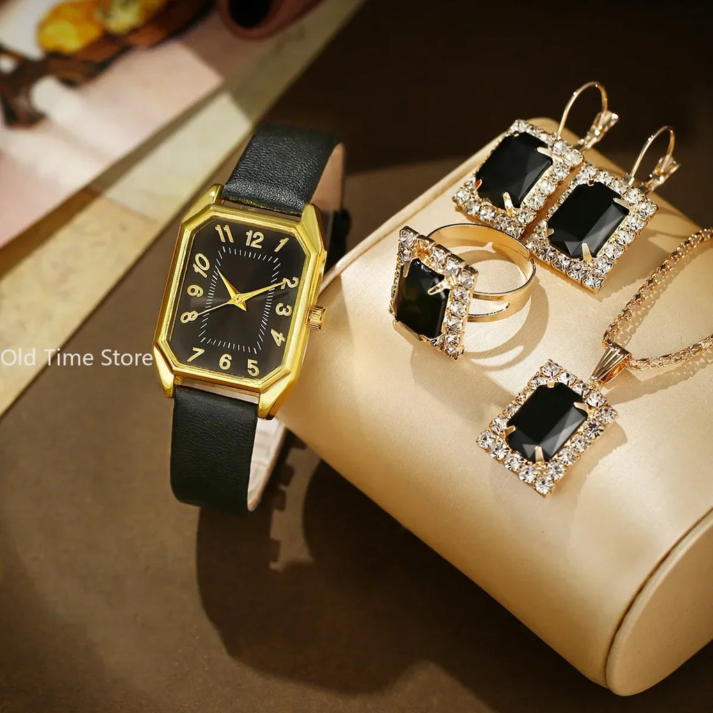 6/5/1PCS Luxury Fashion Square Women's Watches Brand Ladies Quartz Wristwatch Jewelry Set Classic Simple Femme Relogio Feminino Qme 5pcs Set-Black
