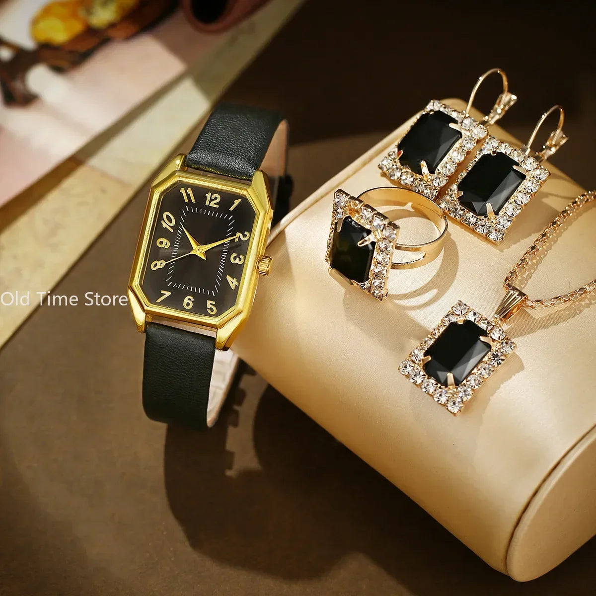 6/5/1PCS Luxury Fashion Square Women's Watches Brand Ladies Quartz Wristwatch Jewelry Set Classic Simple Femme Relogio Feminino Qme 5pcs Set-Black