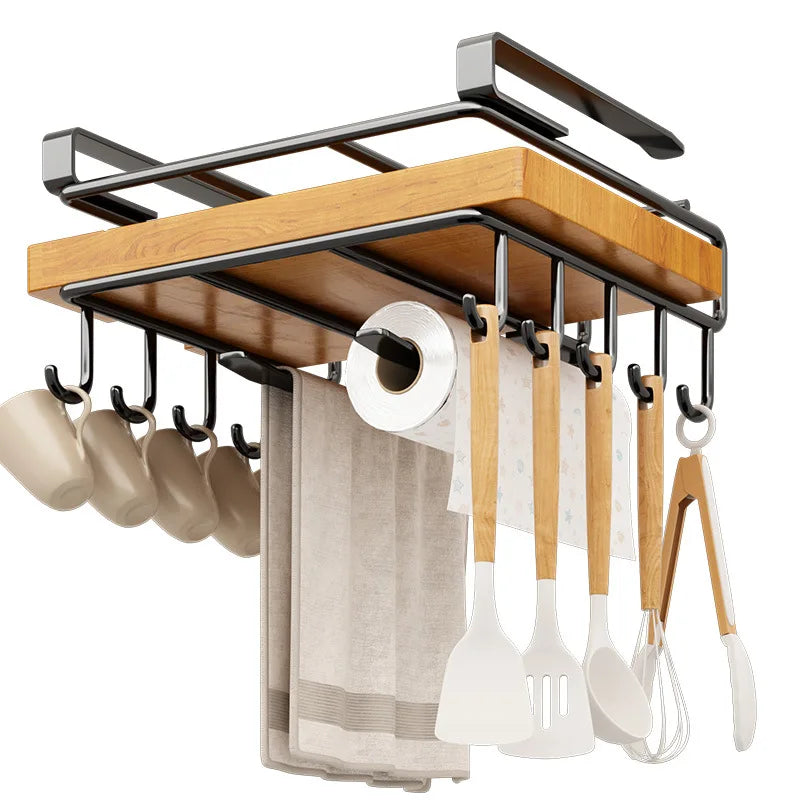 Household Space Saving Kitchen Organizer Under Cabinet Hanging Rack with Hooks Towels Cutting Boards Pot Lids Portable Storage Qme