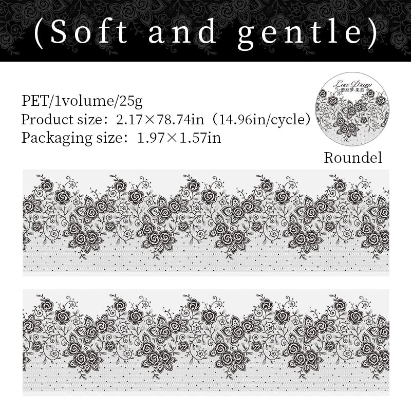 55mm*2m Black White Lace PET Tapes DIY Scrapbooking Junk Journal Aesthetics Decor Diary Collage Masking Tape Stationery Supplies Qme C