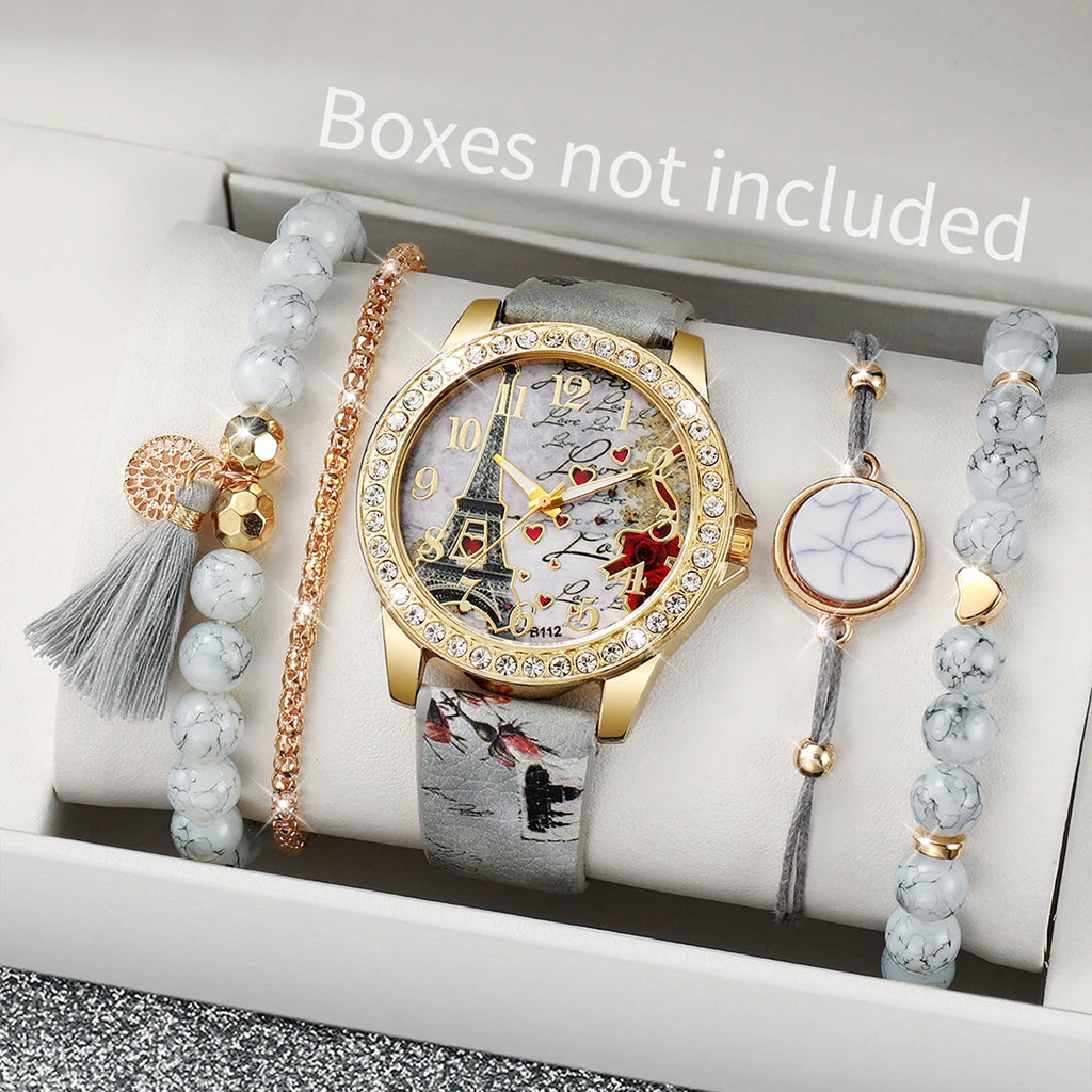 Sweet Dating Floral Print Leather Watch Set, 4-in-1 Marble Stone Charm Bracelets & Crystal Wristwatch Gift for Girls Qme