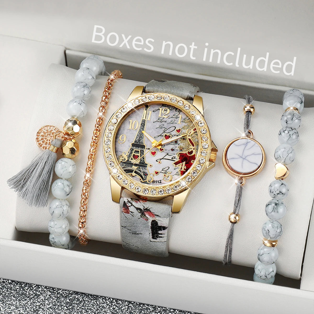 Sweet Dating Floral Print Leather Watch Set, 4-in-1 Marble Stone Charm Bracelets & Crystal Wristwatch Gift for Girls Qme