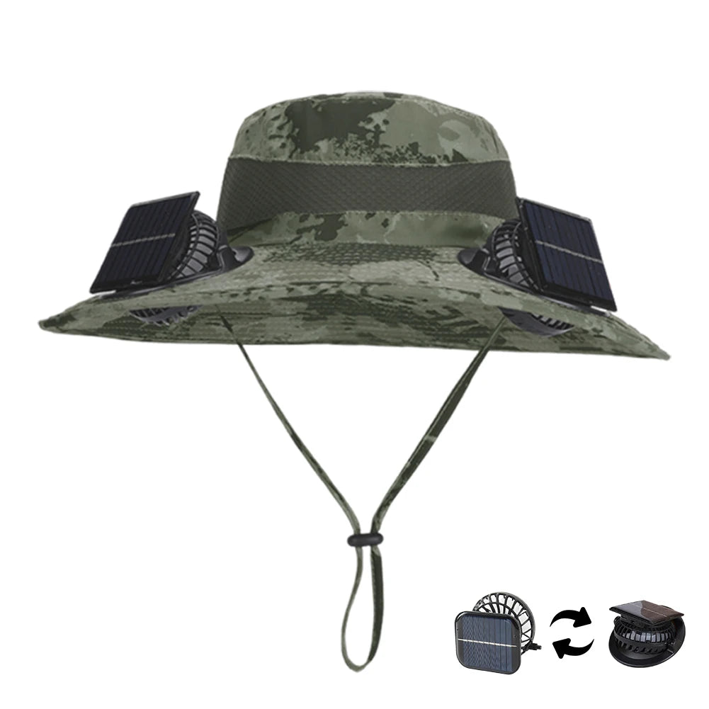 For Outdoor Camping Fishing Hiking Sunscreen Fisherman Hat Solar Fan Cap Portable Solar Charging Cap with Fan Suitable Qme Retro green Dark Gre