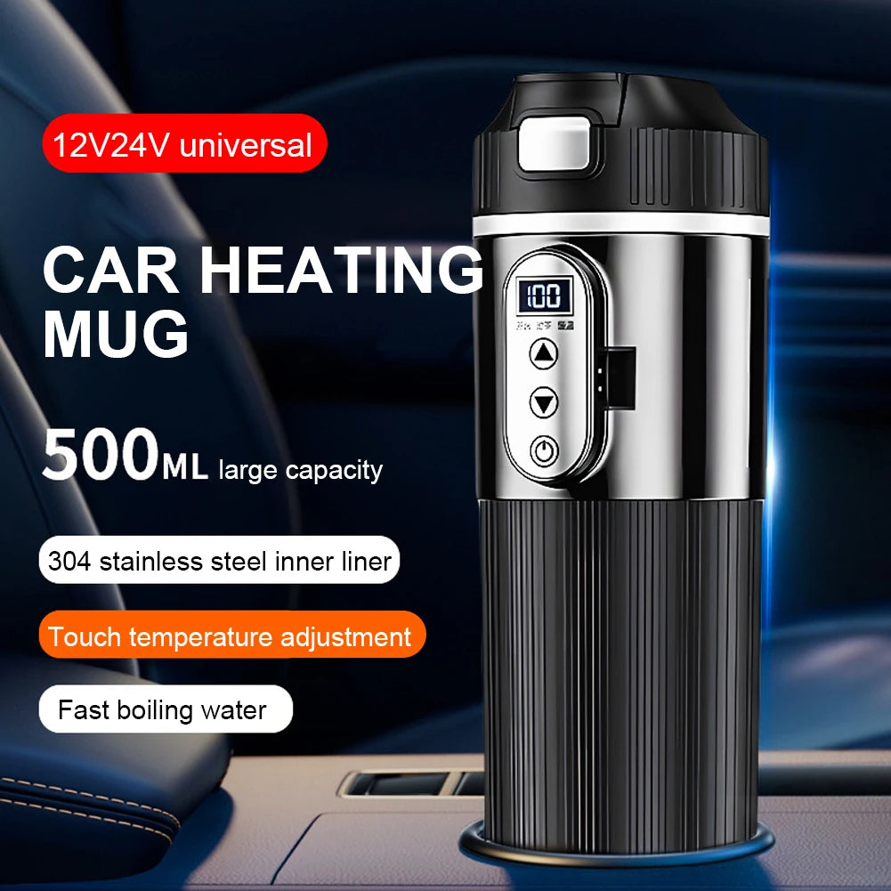 12V/24V 500ml Stainless Steel Car Heating Cup Smart Temperature Control Electric Kettle Stainless Steel Cup Water Warmer Bottle Qme