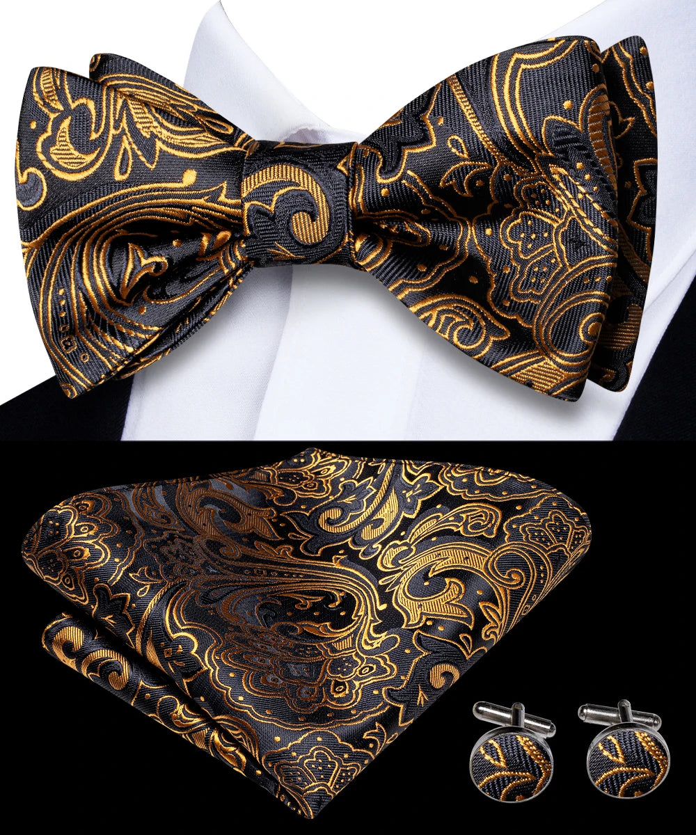 Hi-Tie Men's Bow Tie Handkerchief Cufflinks Set Paisley Jacquard Pattern Hand Tied Wedding Business Qme 2108