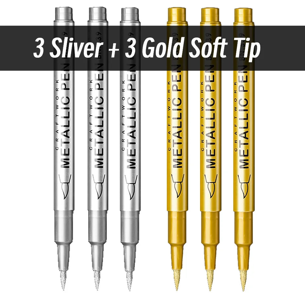 3pcs Brush Metallic Paint Marker Pens Gold Silver Color Permanent Art Marker For Manga Crafts Scrapbooking Stationery Supplies Qme Soft 3Silver 3Gold