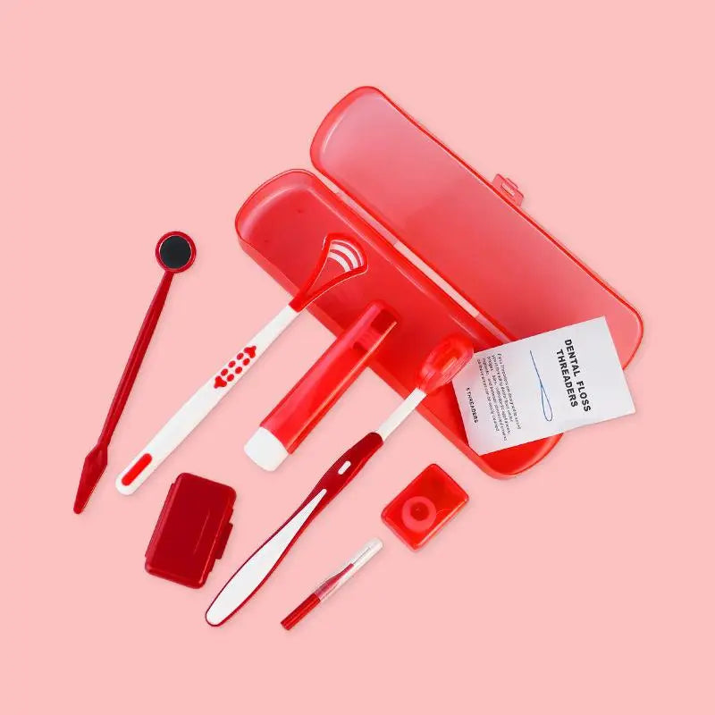 Complete Dental Oral Care Portable Teeth Cleaning Tool Storage Case Qme red