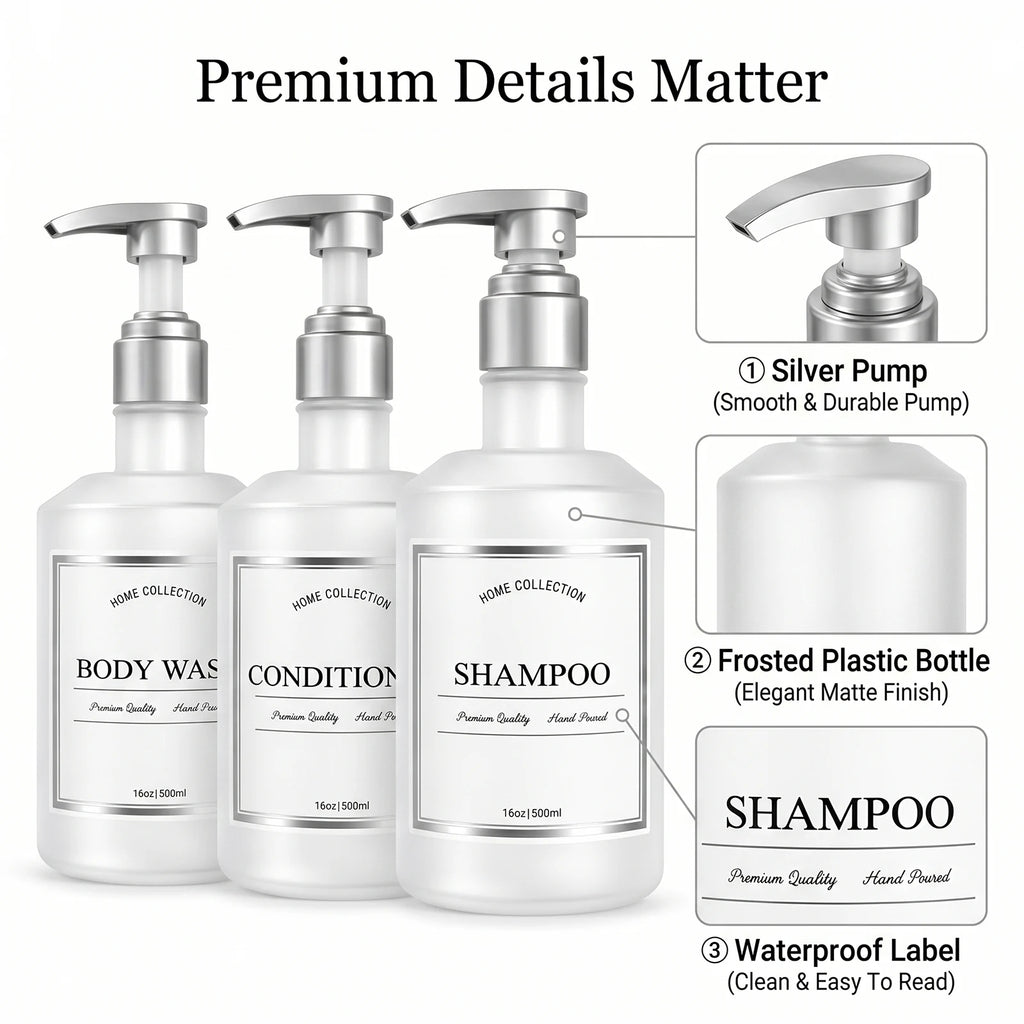 Shampoo and Conditioner Dispenser Bottles Set of 3 Translucent White Plastic Pump Bottles or Body Wash Shower Bath Organization Qme