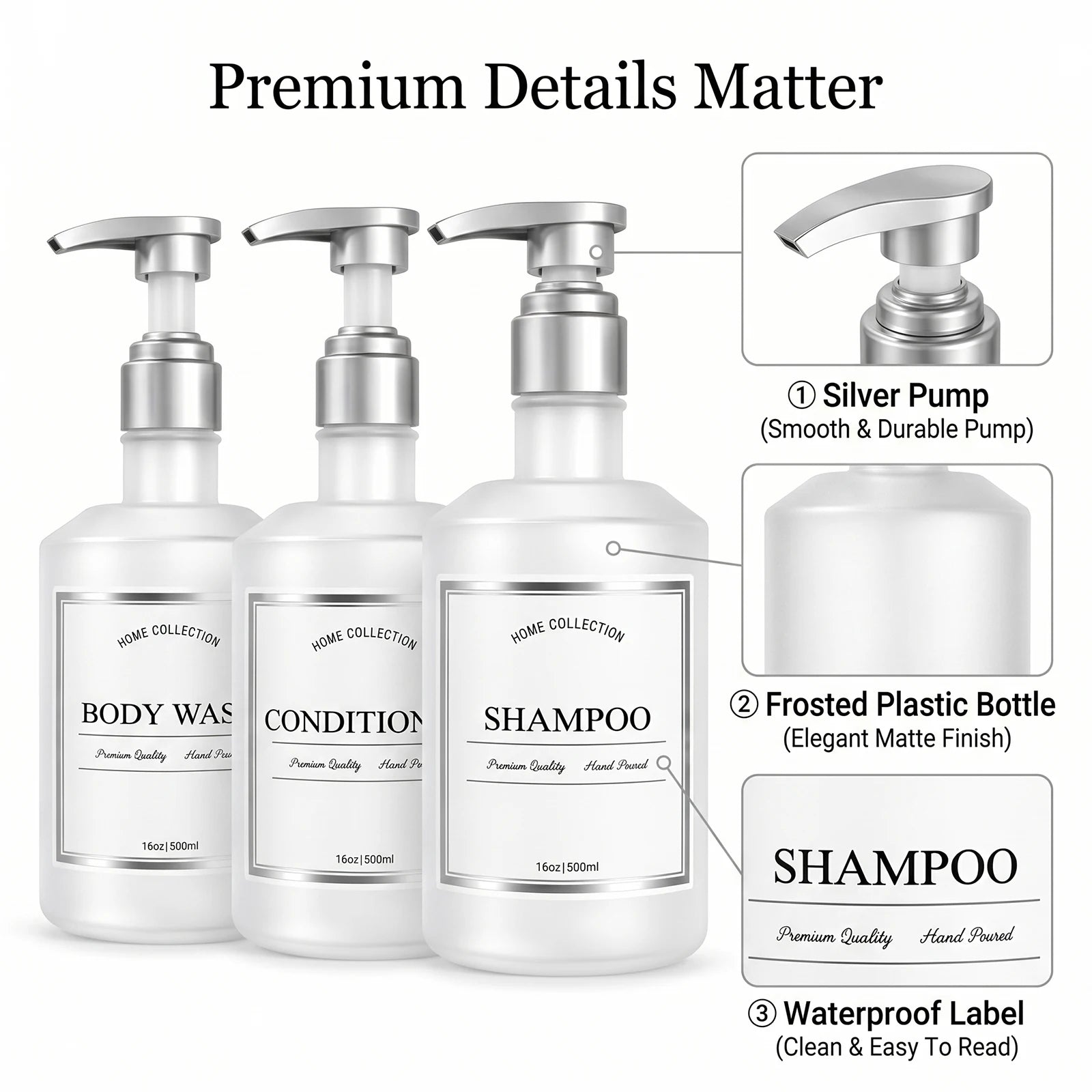 Shampoo and Conditioner Dispenser Bottles Set of 3 Translucent White Plastic Pump Bottles or Body Wash Shower Bath Organization Qme